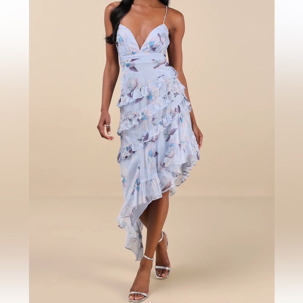Lulus Light Blue Floral Ruffled Asymmetrical Women’s Dress